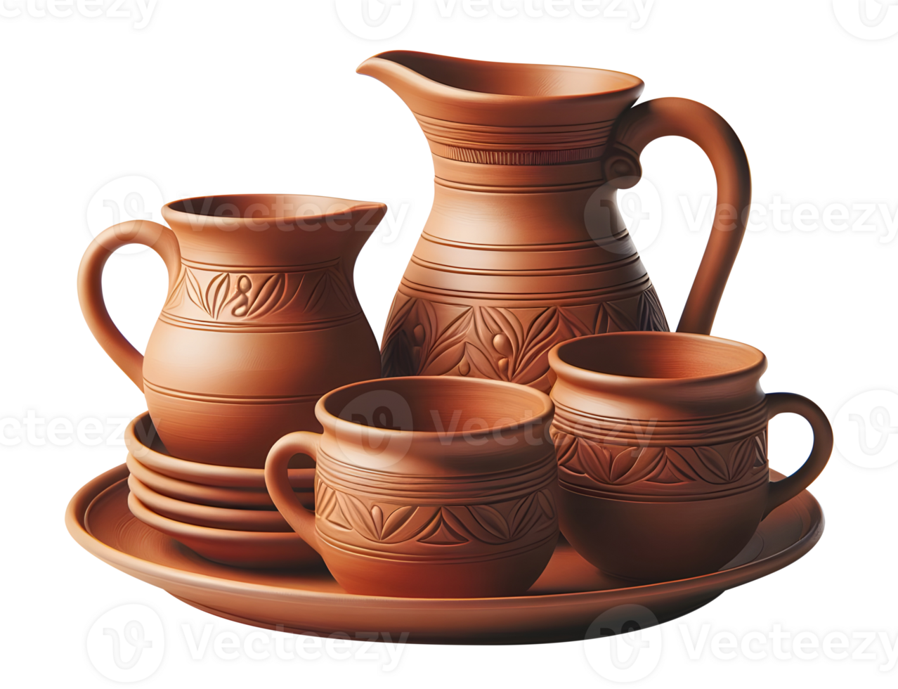 AI generated Terracotta dinner set png pottery dinner set png brown clay dinner set png scorched soil dinner set png clay plates png ceramics dinner set png dinner set transparent background