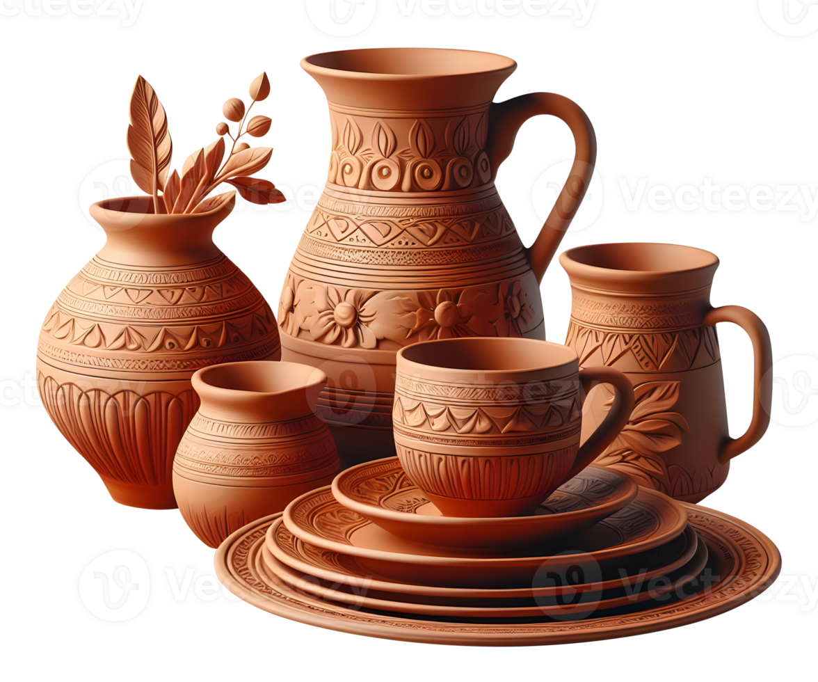 AI generated Terracotta dinner set png pottery dinner set png brown clay dinner set png scorched soil dinner set png clay plates png ceramics dinner set png dinner set transparent background
