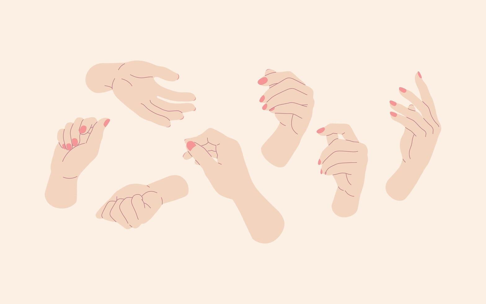 Set of female hands with different gestures. Vector illustration in flat style