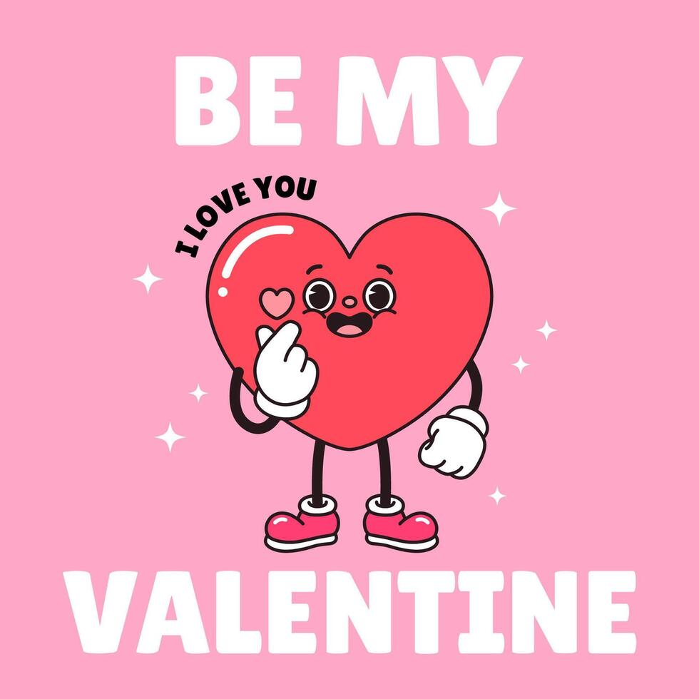 Be My Valentine Typography poster. Hippie 60s 70s retro style. Y2K aesthetic. Cartoon heart character finger heart banner, Background and lettering quote. Groovy template, Greeting card. vector