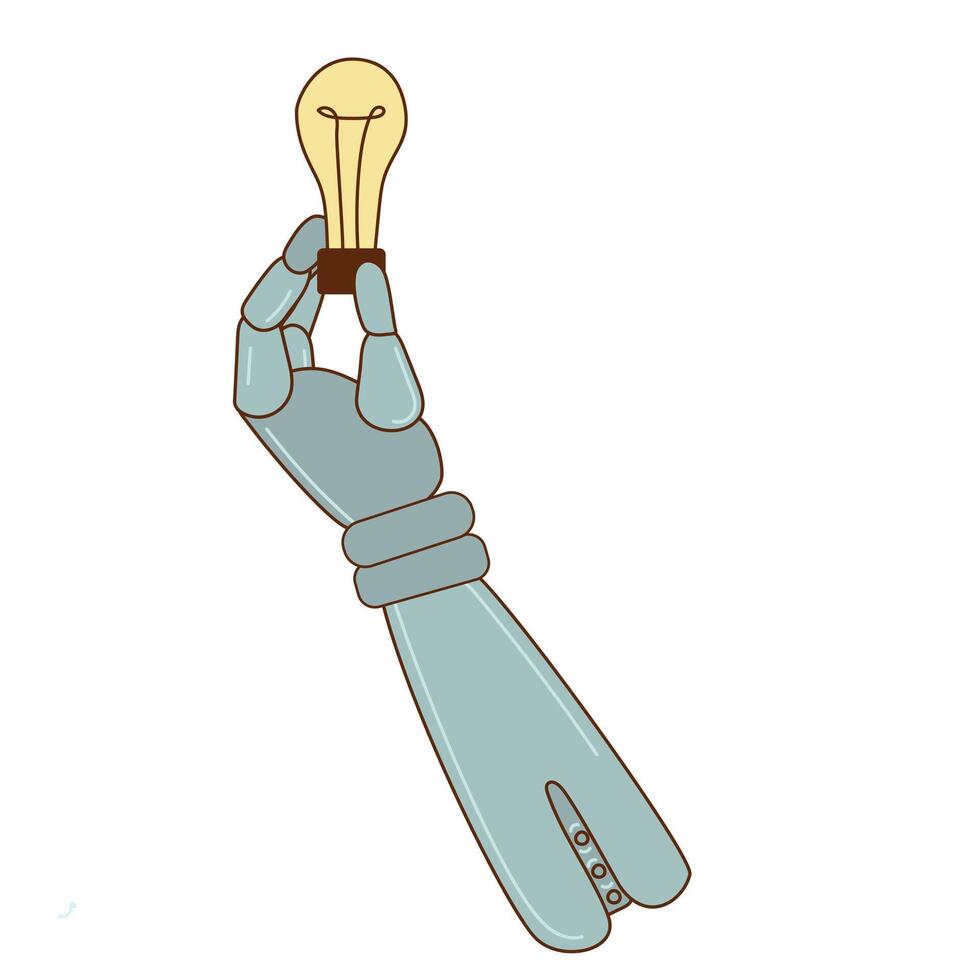 The robot's hand is holding a light bulb. Artificial intelligence helps to develop ideas and concepts. vector