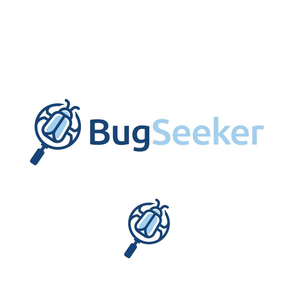 Bug seeker with magnifying glass blue tech logo design vector template