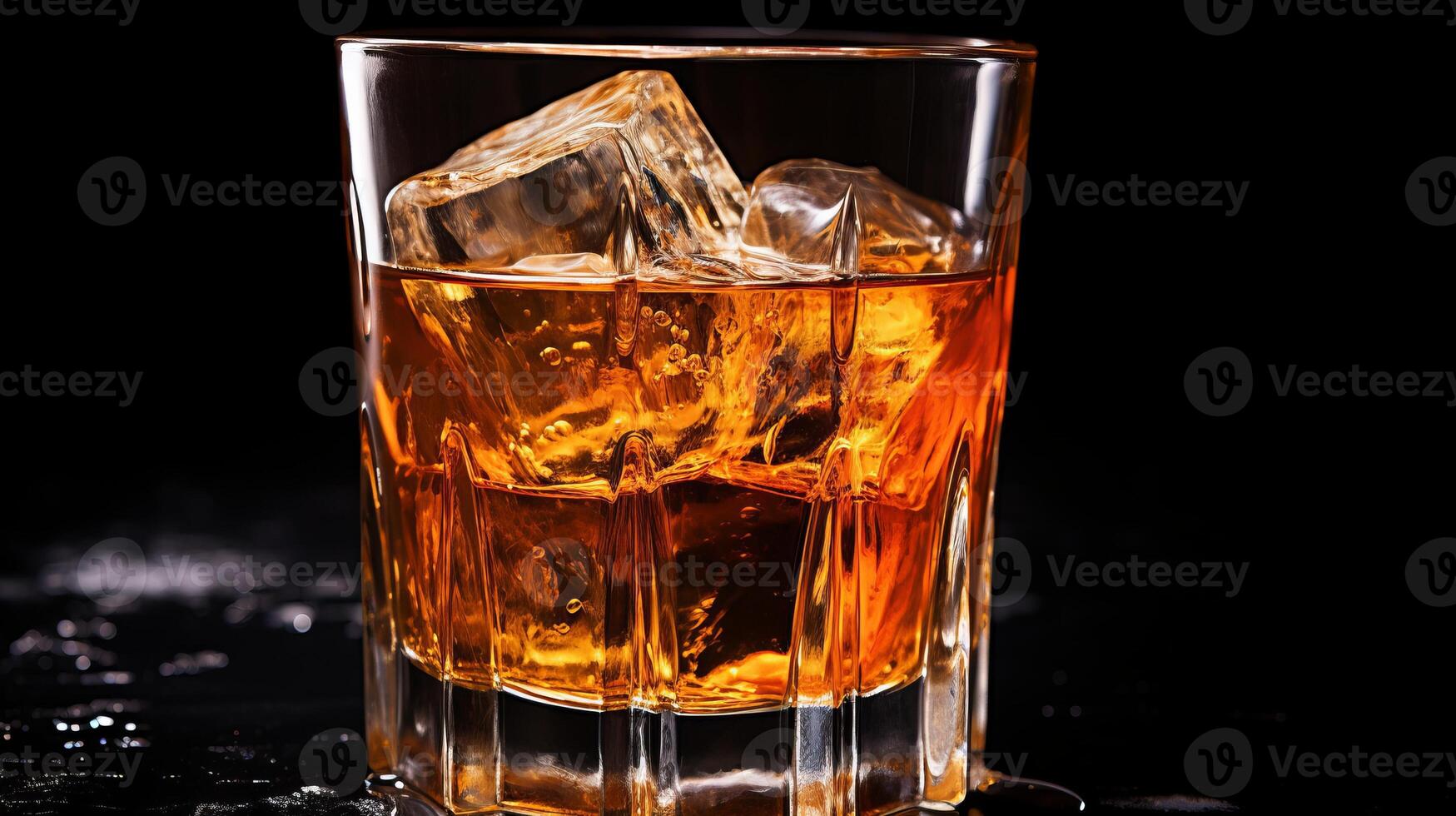 AI generated whiskey on the rocks with ice cubes on a black background photo