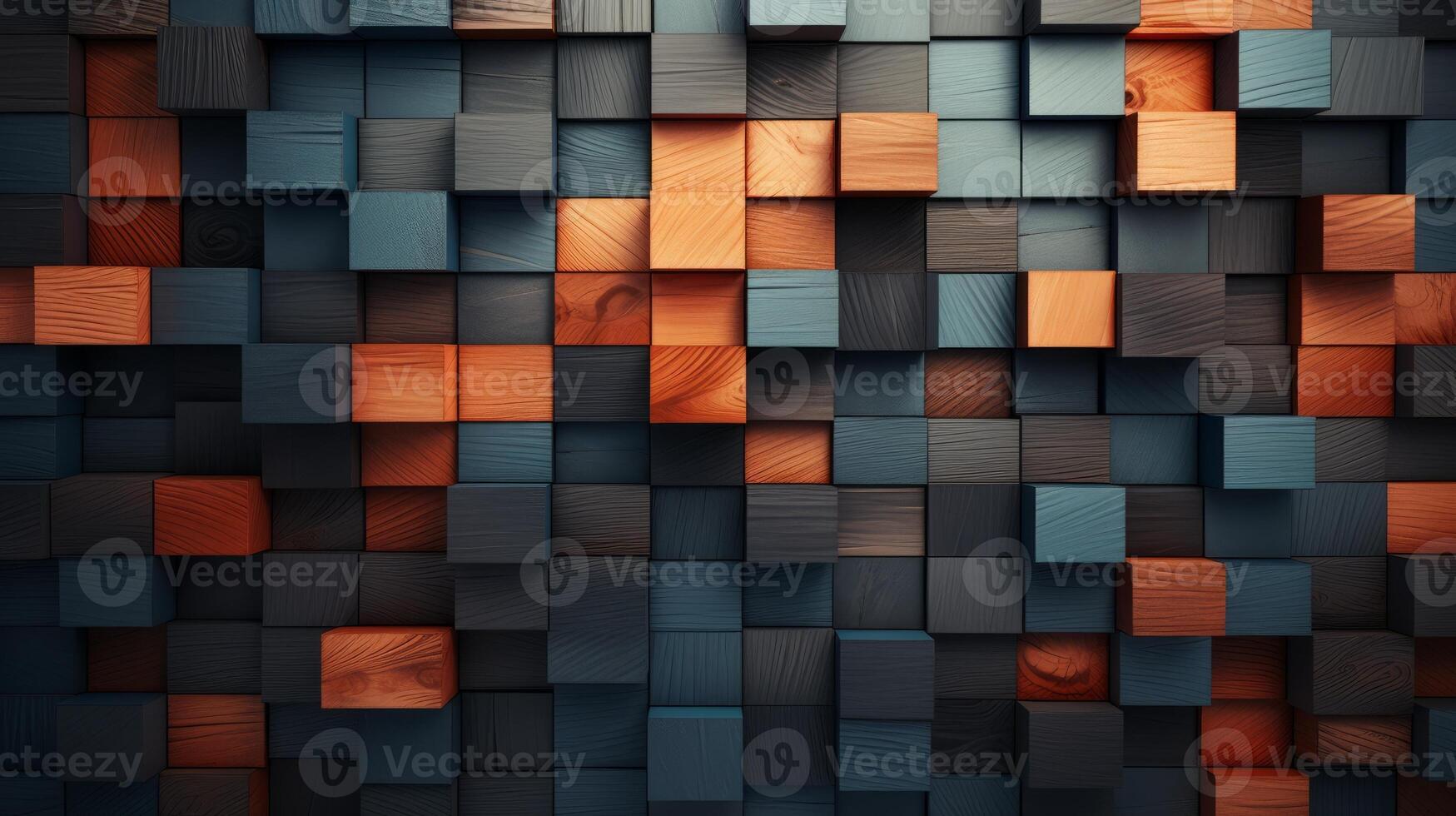 AI generated 3d rendering of abstract geometric shapes in blue, orange and brown colors photo