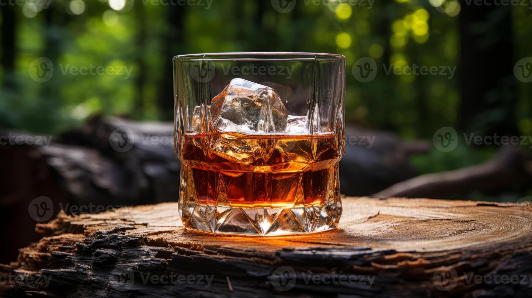 AI generated Whiskey with ice in a glass on a stump in the forest photo