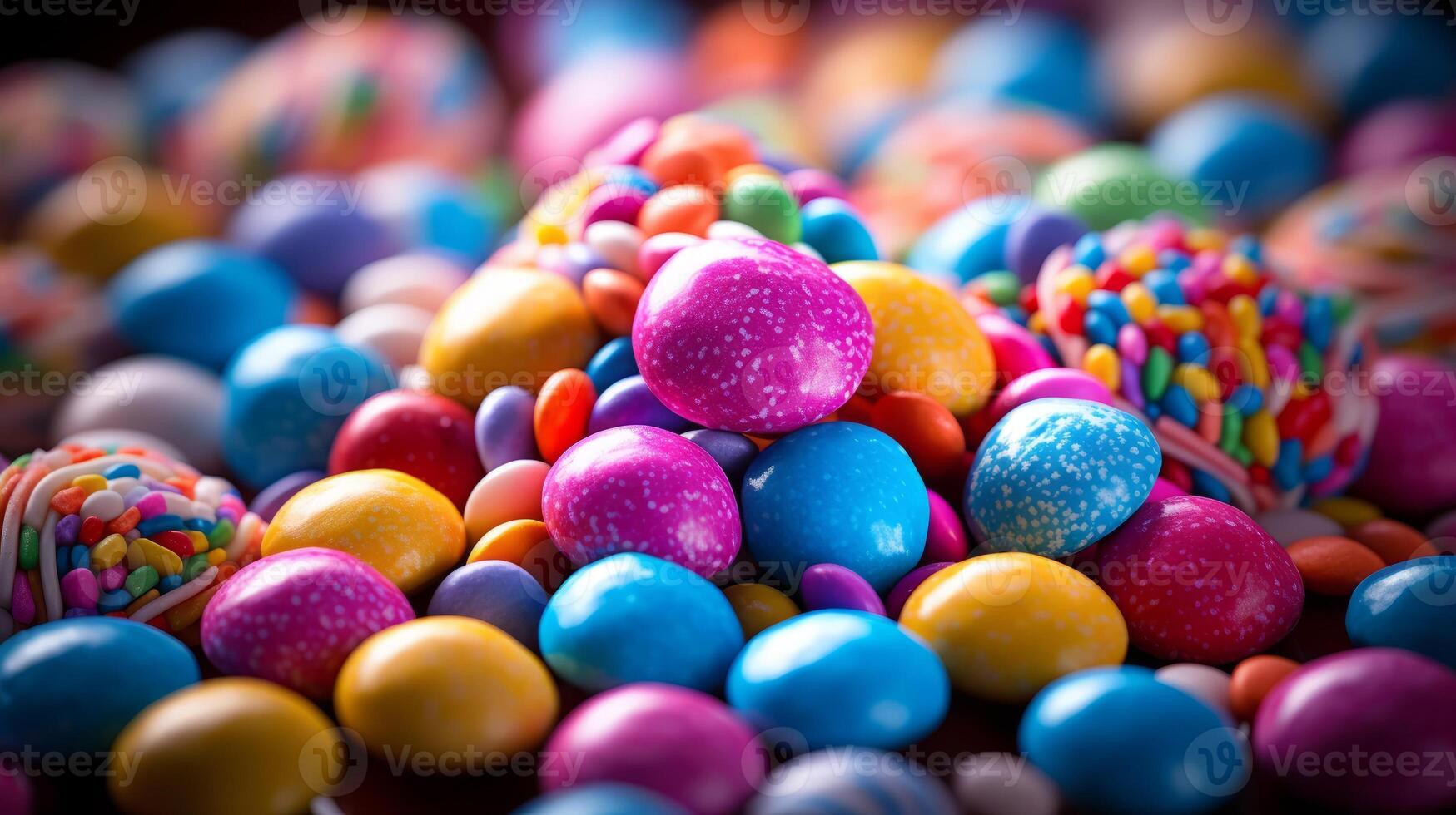 AI generated Colorful candies background. Chocolate candies with sprinkles. photo