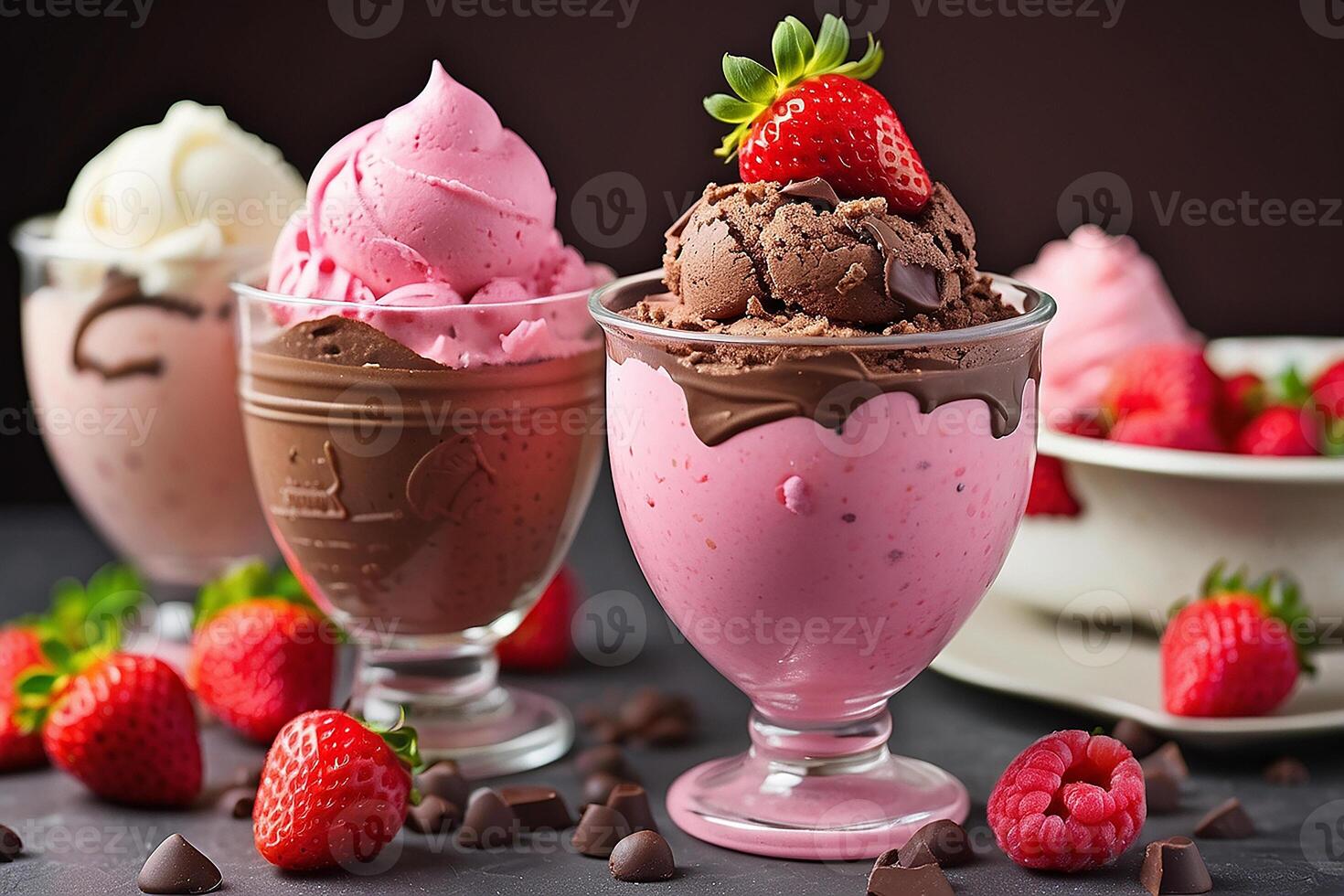 Strawberry and Chocolate Dessert Table with Ice Cream Bowls, Yogurts, Pink color ice cream photo