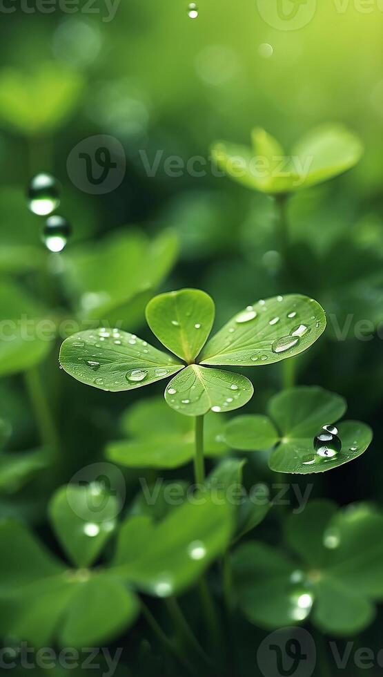 Green clover for good luck on st patrick's day bright blur background holiday spring plant wallpaper photo