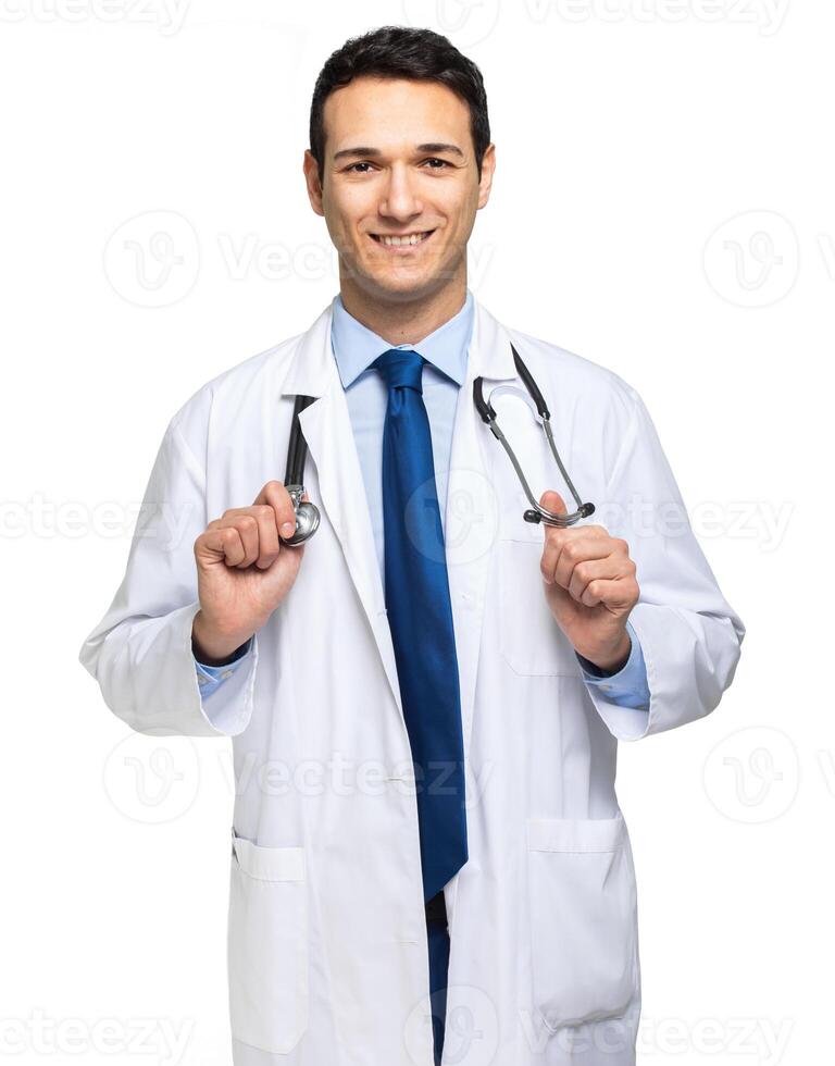 hermoso joven médico retrato aislado en blanco foto