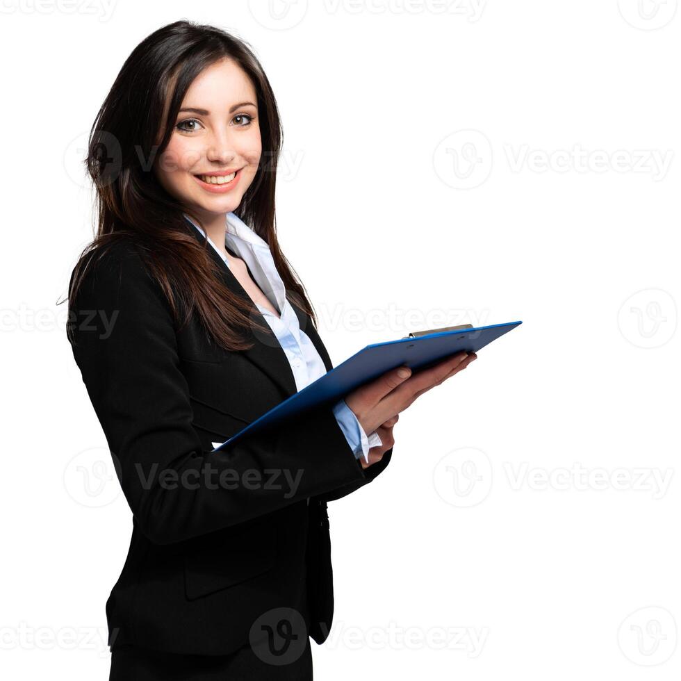 Beautiful businesswoman portrait isolated on white and holding a clipboard photo