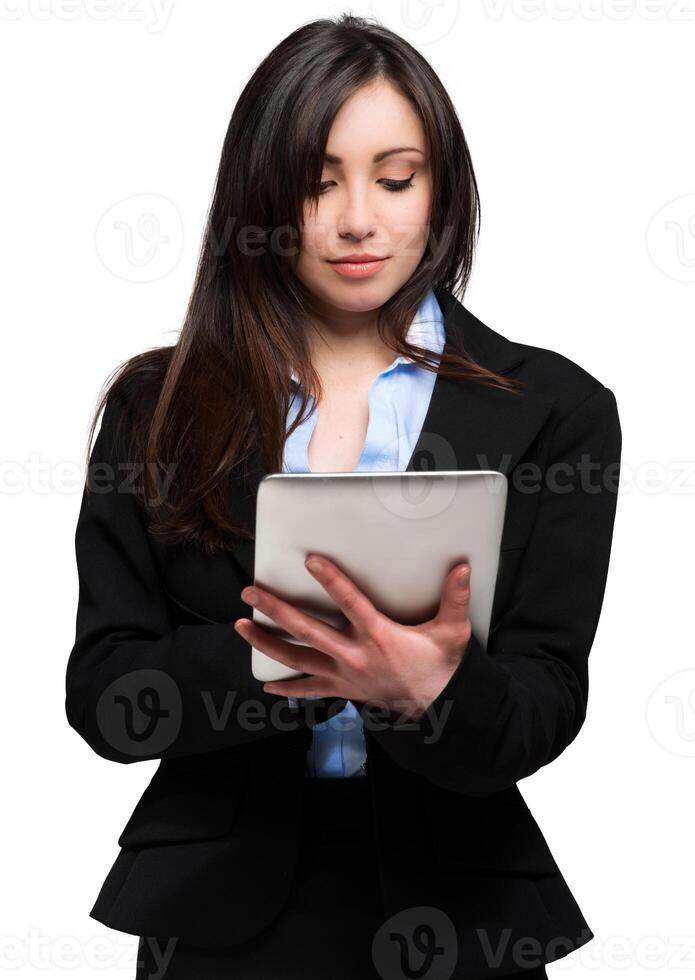 Woman using a tablet isolated on white photo