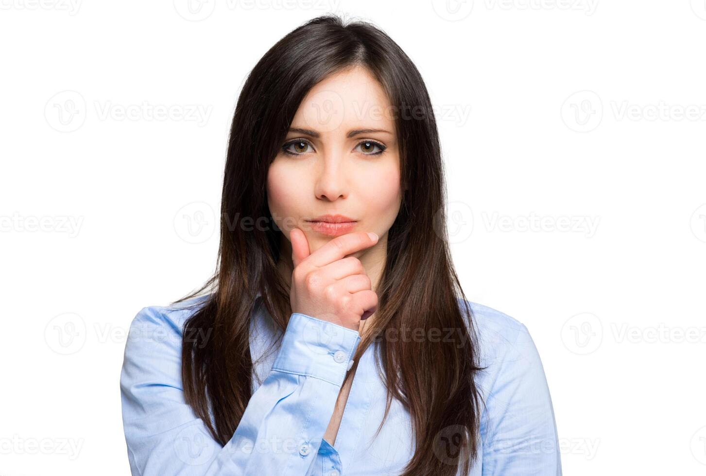 Woman using a digital tablet, isolated on a white background photo