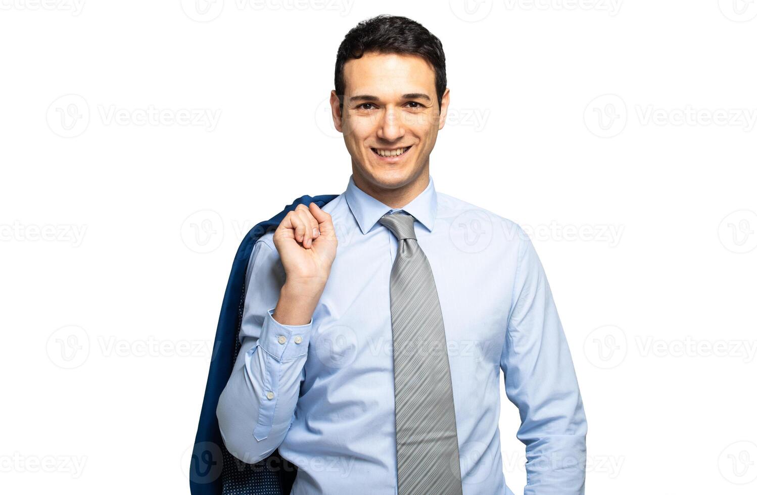 Smiling businessman isolated on white holding his jacket photo