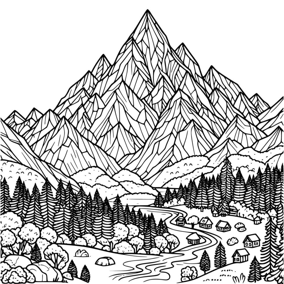 mano dibujado montaña y árbol colorante libro ilustración. negro y blanco montaña contorno ilustración vector