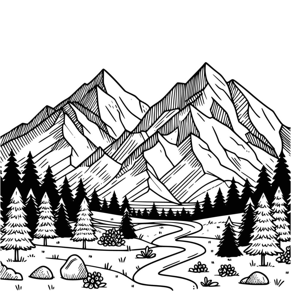 hand drawn mountain and tree coloring book illustration. black and white mountain outline illustration vector