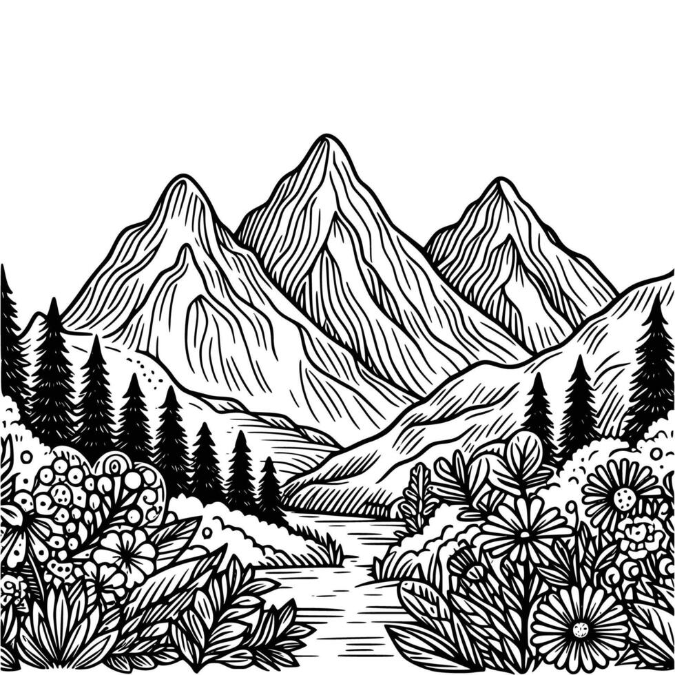 hand drawn mountain and tree coloring book illustration. black and white mountain outline illustration vector