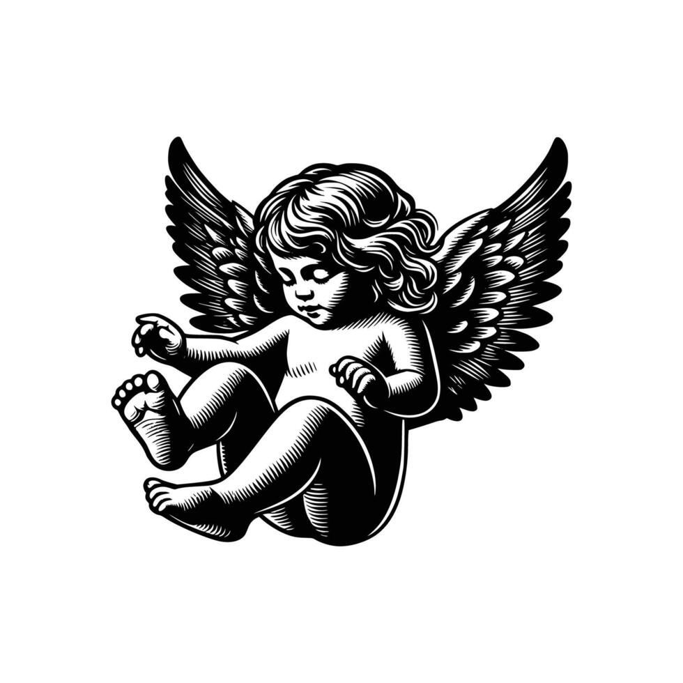hand drawn baby angel vector illustration. black and white cupid angel isolated white background