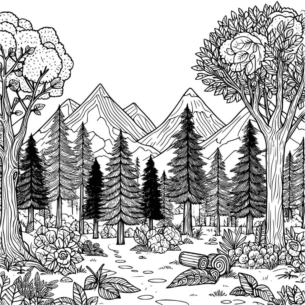 hand drawn mountain and tree coloring book illustration. black and white mountain outline illustration vector