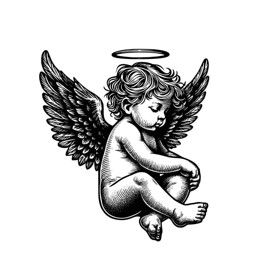 hand drawn baby angel vector illustration. black and white cupid angel isolated white background