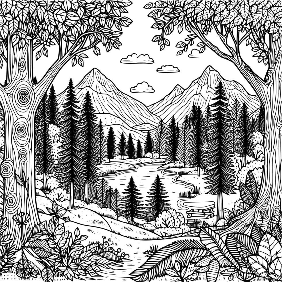 mano dibujado montaña y árbol colorante libro ilustración. negro y blanco montaña contorno ilustración vector