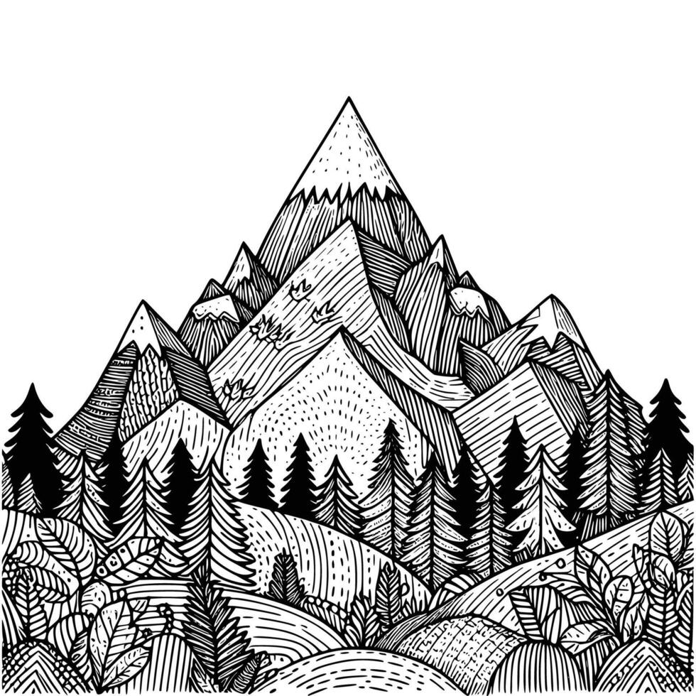 mano dibujado montaña y árbol colorante libro ilustración. negro y blanco montaña contorno ilustración vector