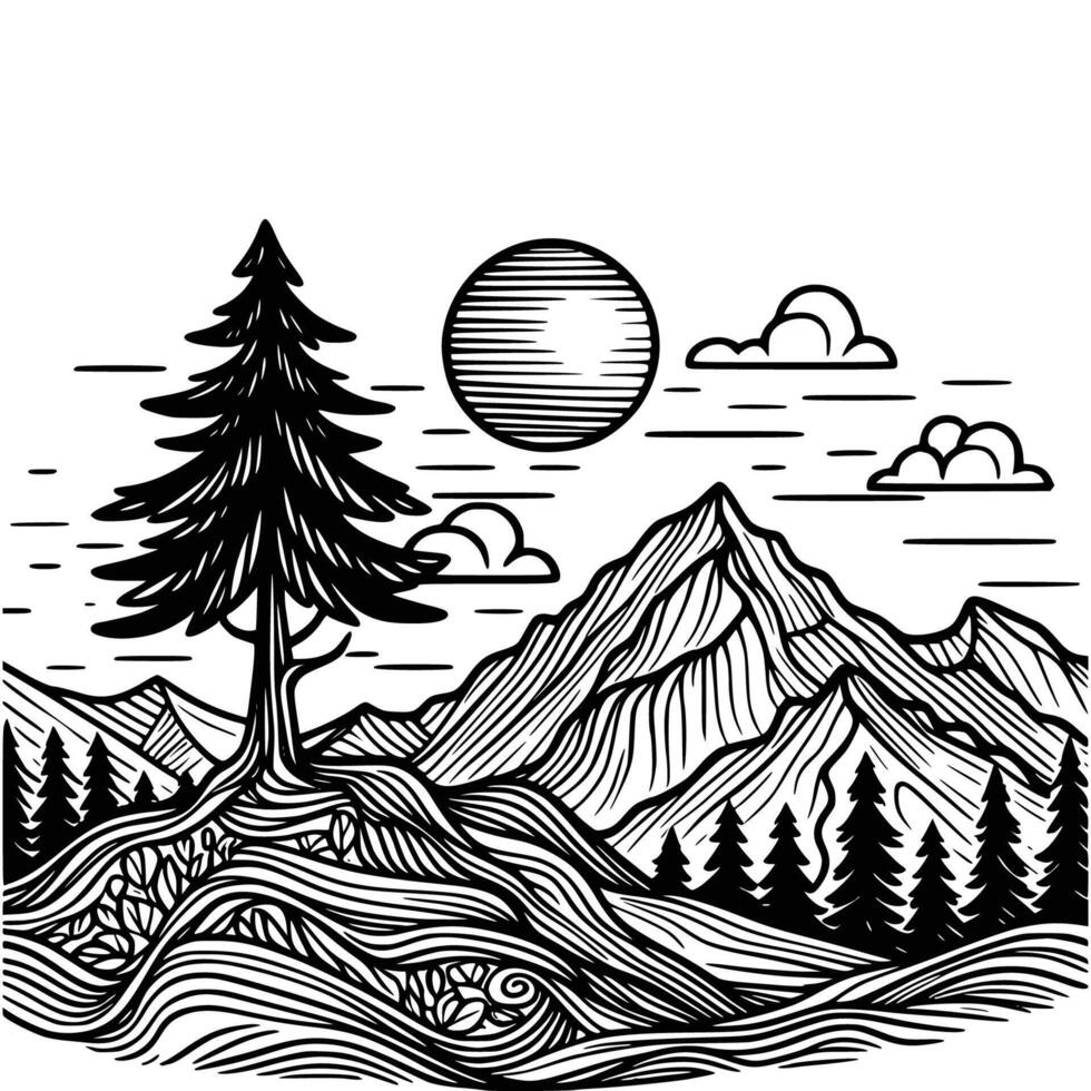 hand drawn mountain and tree coloring book illustration. black and white mountain outline illustration vector