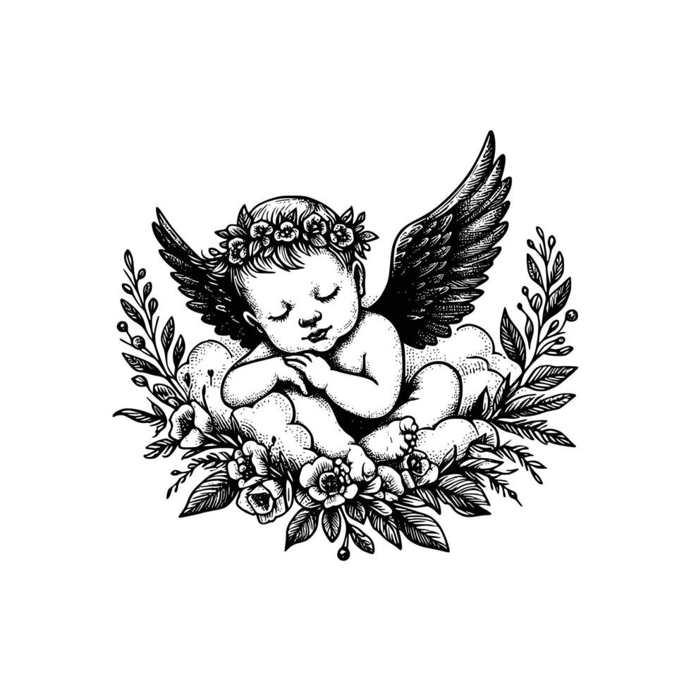 mano dibujado bebé ángel vector ilustración. negro y blanco Cupido ángel aislado blanco antecedentes