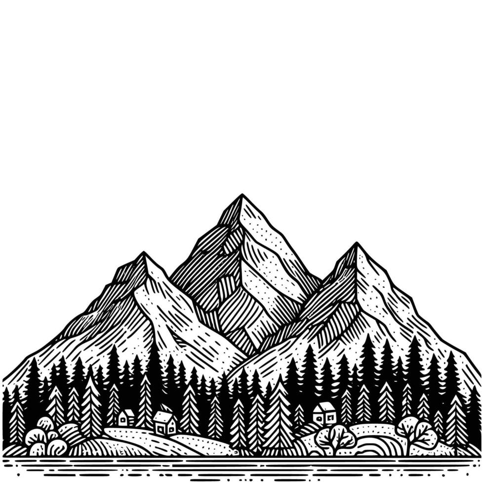 mano dibujado montaña y árbol colorante libro ilustración. negro y blanco montaña contorno ilustración vector