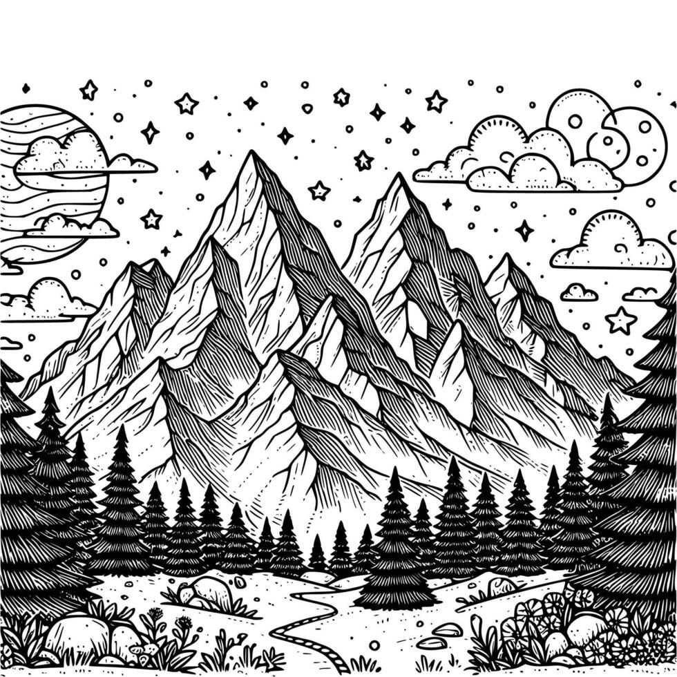 hand drawn mountain and tree coloring book illustration. black and white mountain outline illustration vector