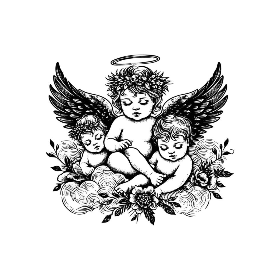 hand drawn baby angel vector illustration. black and white cupid angel isolated white background
