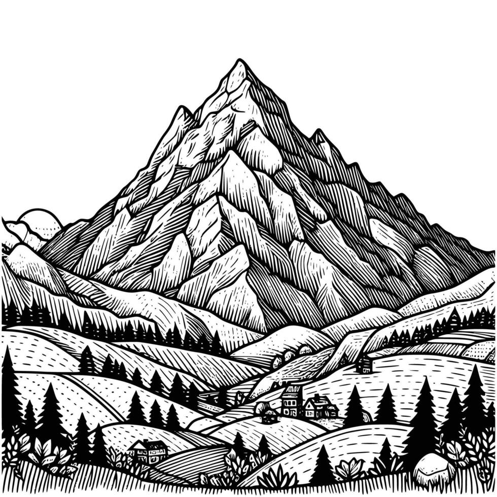 hand drawn mountain and tree coloring book illustration. black and white mountain outline illustration vector