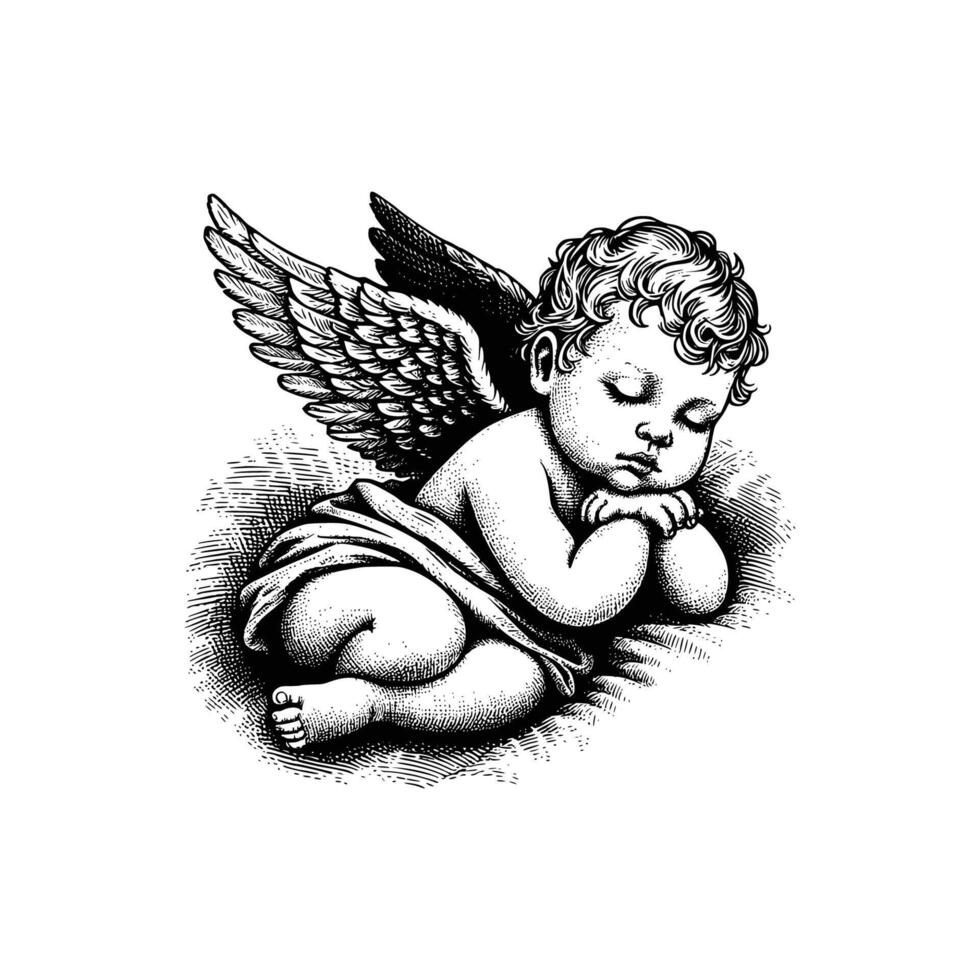 hand drawn baby angel vector illustration. black and white cupid angel isolated white background