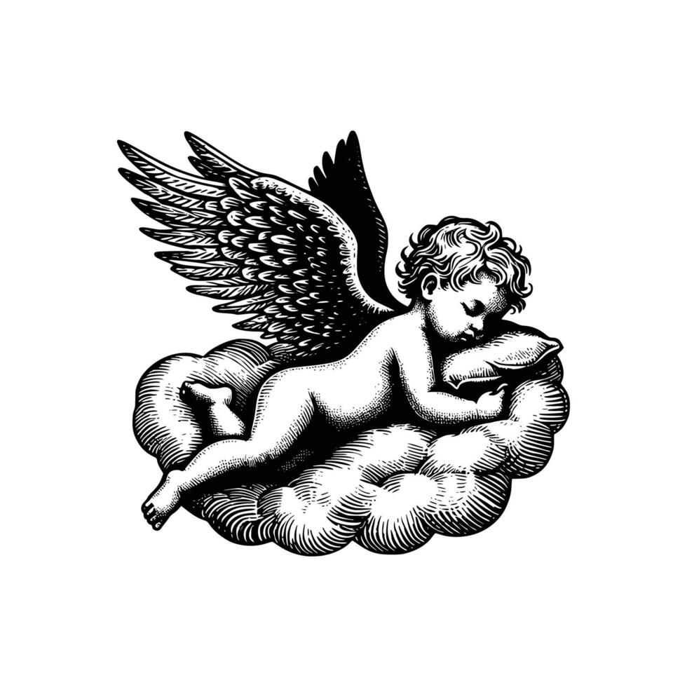 hand drawn baby angel vector illustration. black and white cupid angel isolated white background