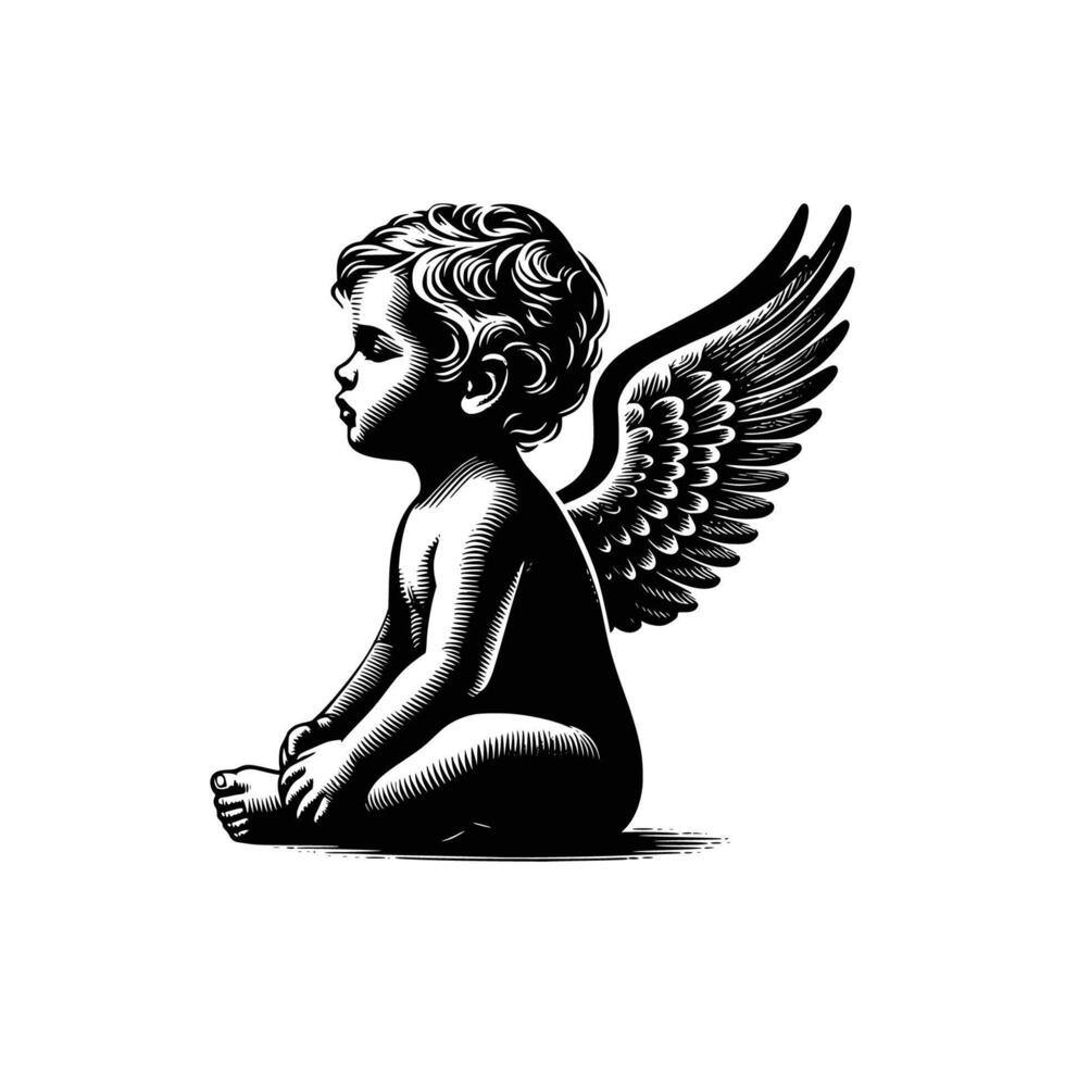hand drawn baby angel vector illustration. black and white cupid angel isolated white background