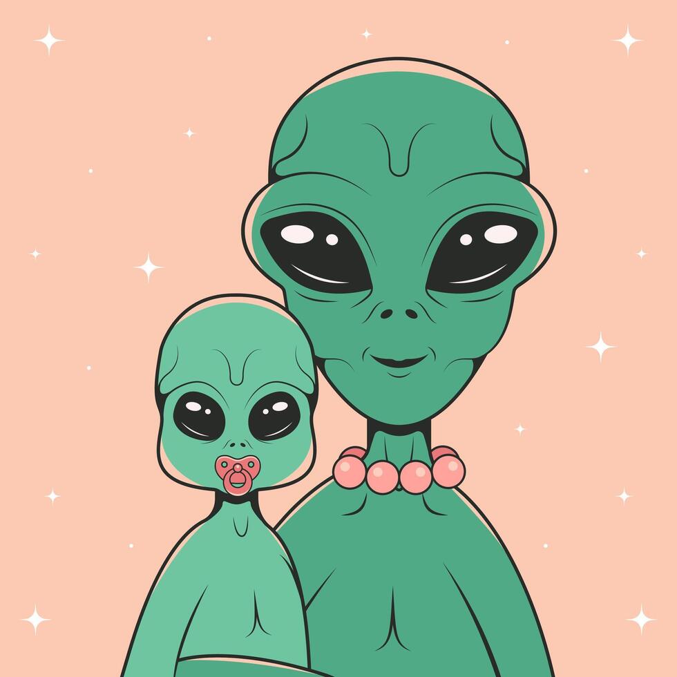 Alien mom with baby. Retro style. Cartoon green humanoids on pink background. vector