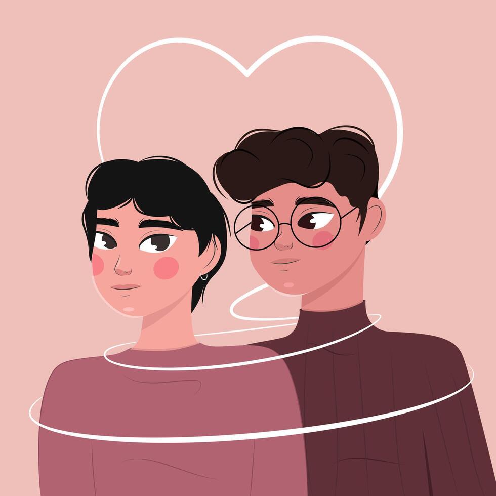 gay Pareja con corazón unión ellos juntos. contento San Valentín día ilustración. vector