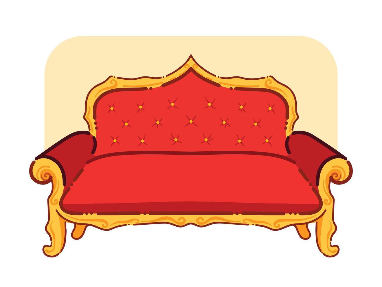 rojo y dorado amarillo de colores lujo costoso sofá asientos vector ilustración aislado en horizontal antecedentes. sencillo plano dibujos animados Arte estilizado cómodo salón sofá dibujo.