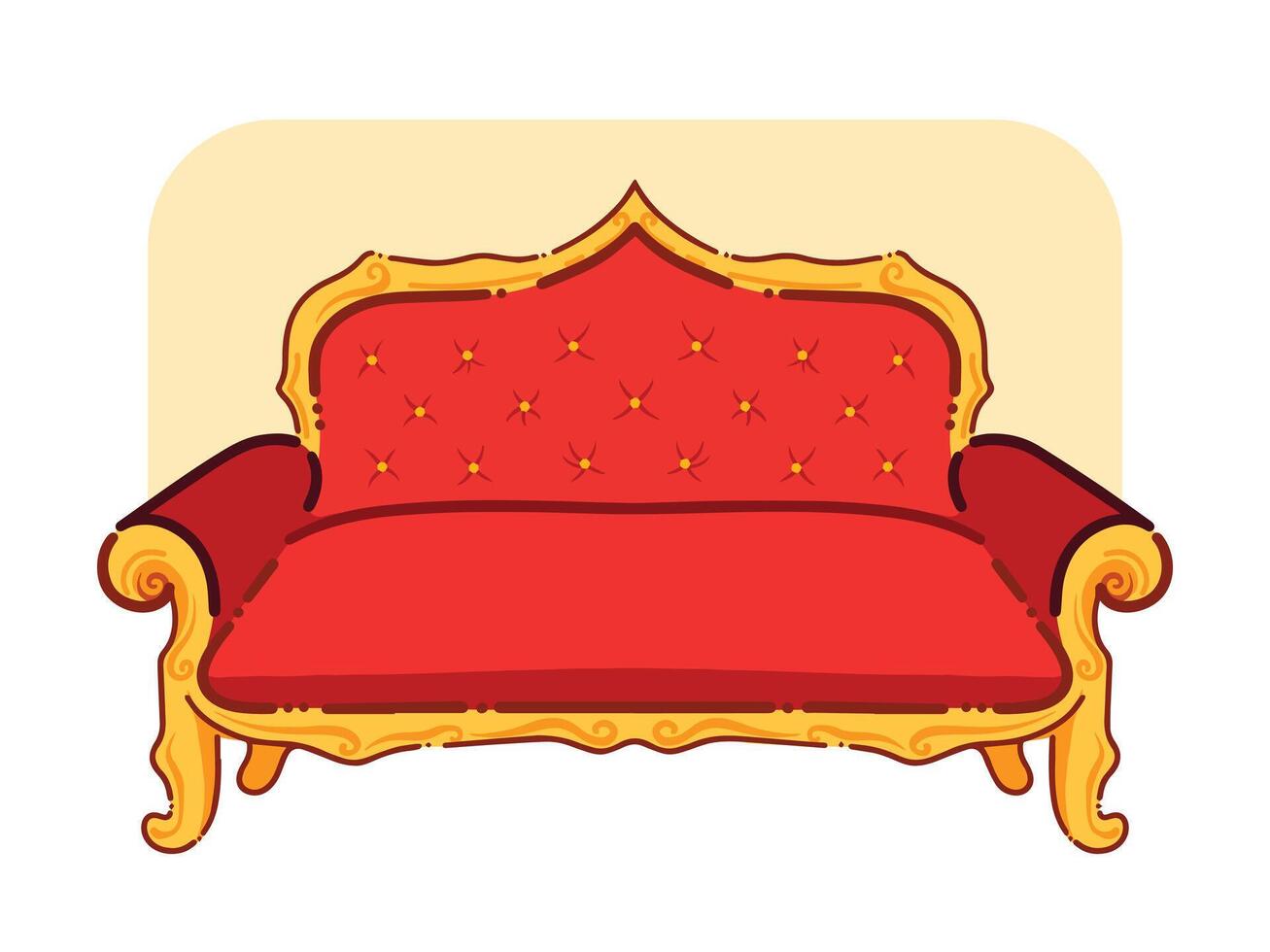 Red and golden yellow colored luxury expensive sofa seats vector illustration isolated on horizontal background. Simple flat cartoon art styled comfortable lounge couch drawing.