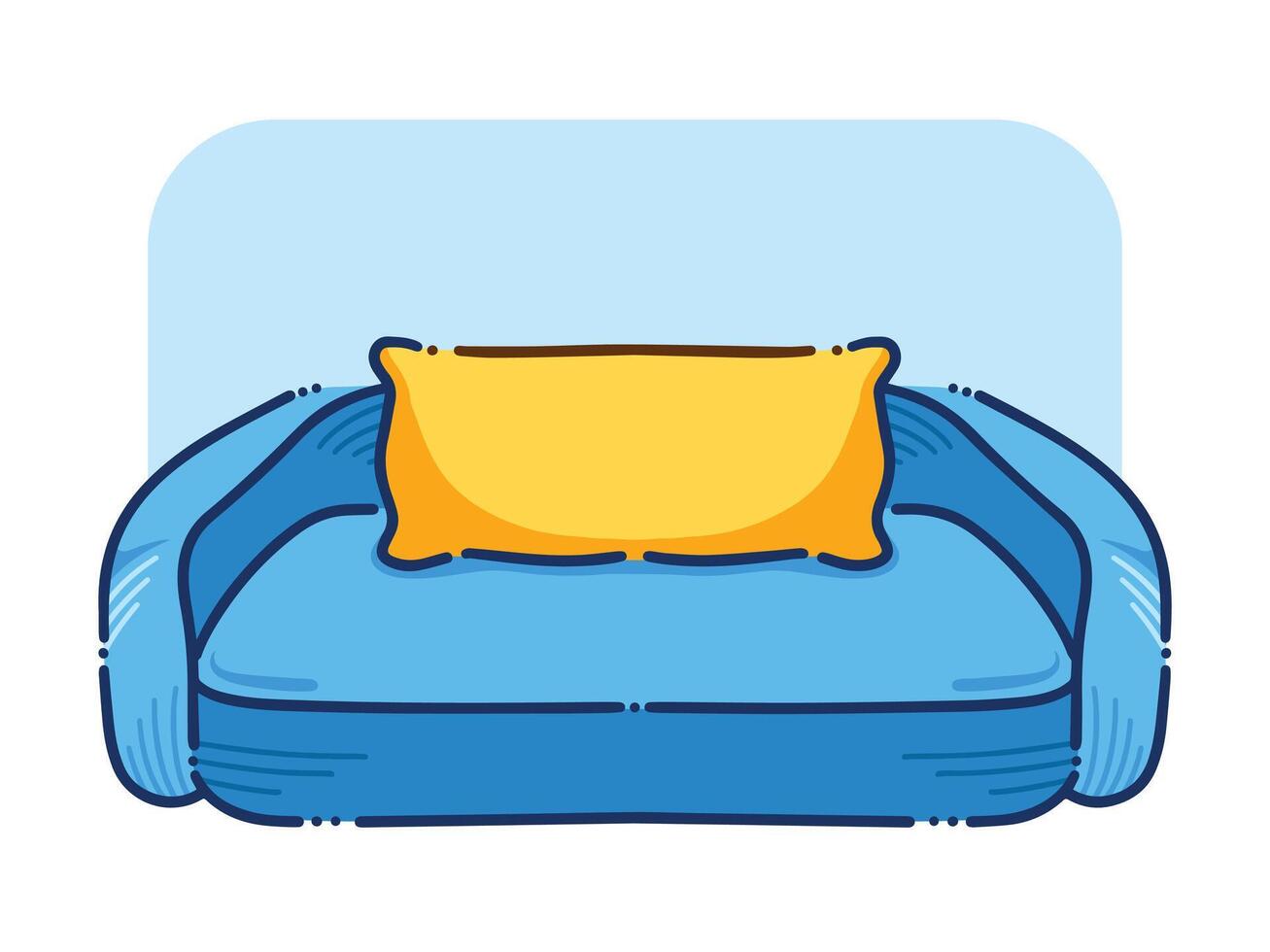 Blue sofa seats with yellow pillow vector illustration isolated on horizontal background. Pop artsy styled seating. Simple flat cartoon art styled comfortable couch drawing.