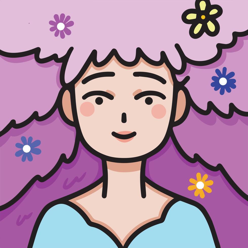 linda chibi coreano japonés sencillo personaje estilizado vector ilustración avatar aislado en cuadrado antecedentes modelo. hermosa hembra perfil imagen con rosado florido pelo y azul de colores ropa.