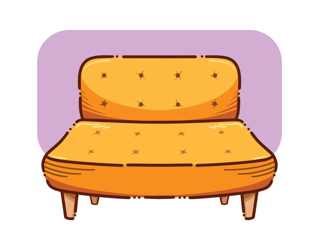 Yellow colored sofa seats vector illustration isolated on horizontal background. Simple flat cartoon art styled comfortable couch drawing.