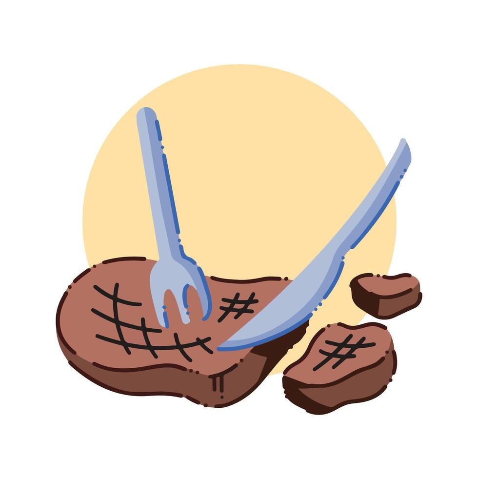 Slicing well done cooked steak meat with fork and knife colorful vector icon illustration isolated on square white background. Simple flat colored cartoon art styled drawing.