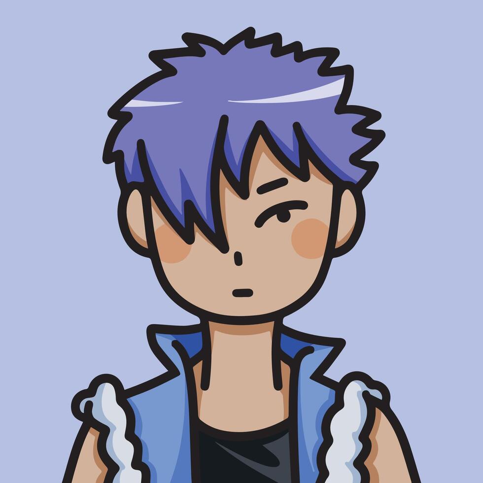 Cute chibi korean japanese simple character styled vector illustration avatar isolated on square background template. Biker gang teenager young male with tan skin, sleeveless clothing, and purple hair