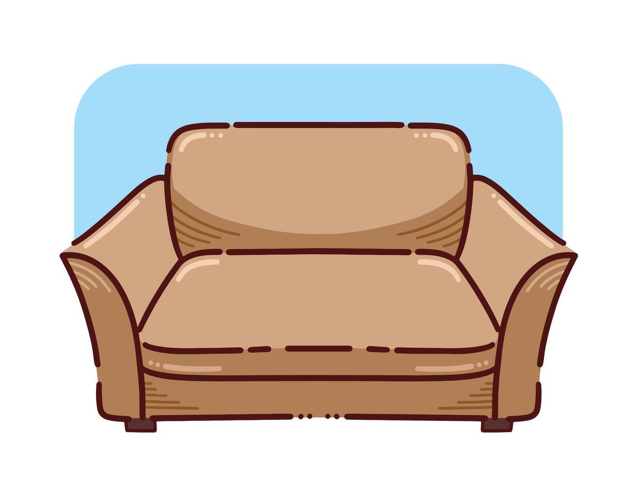 Brown colored comfortable sofa seats vector illustration isolated on horizontal background. Simple flat cartoon art styled comfortable couch drawing.