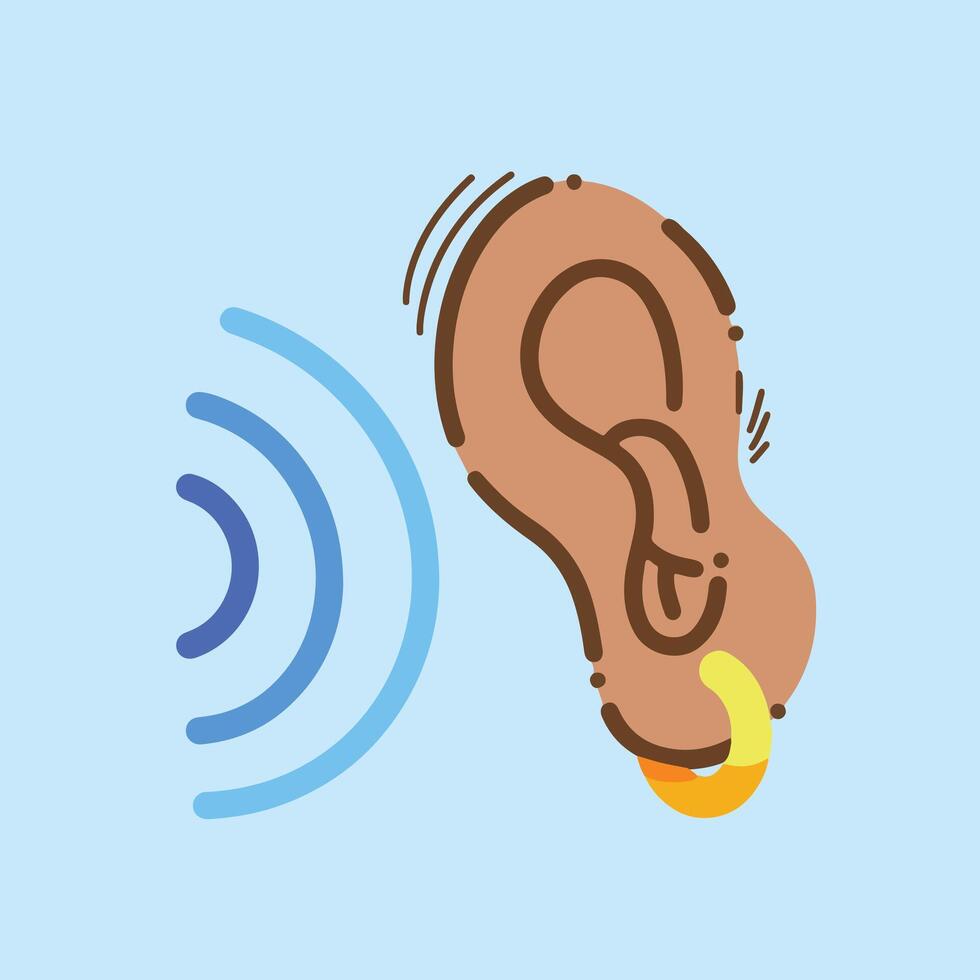 Human ear with round gold  colored earring. Hearing or listening vector icon illustration isolated on square blue background. Simple flat colored cartoon art styled drawing.