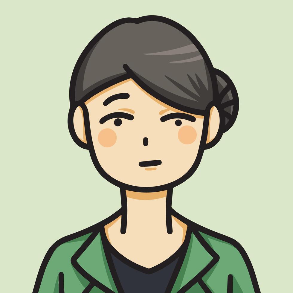 Cute chibi korean japanese simple character styled vector illustration avatar isolated on square background template. Serious looking female secretary with dark brown hair and green suits clothing.