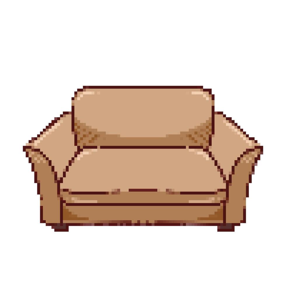 Brown armchair sofa seats with arm rests. Pixel bit retro game styled vector illustration furniture drawing. Simple flat interior artwork.