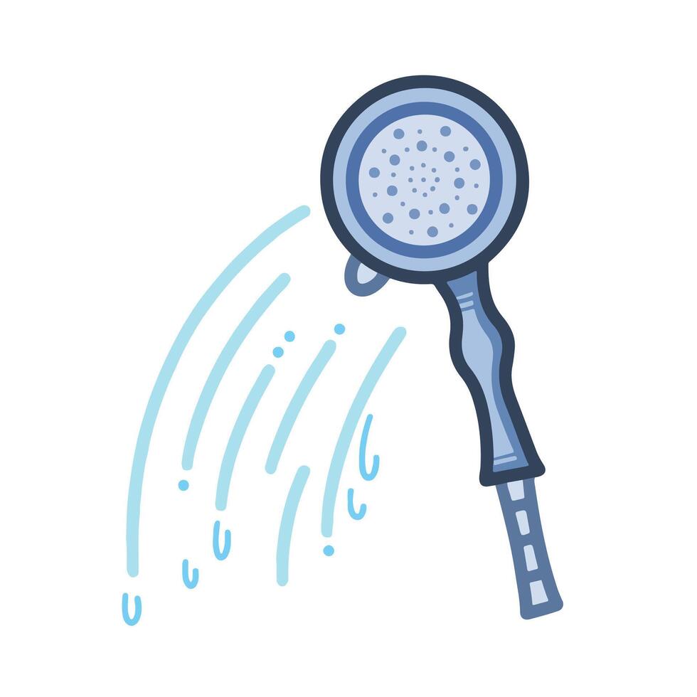 Silver chrome shower head with cold pouring water colored vector icon illustration isolated on square white background. Simple flat colored cartoon art styled hygiene and healthcare themed drawing.