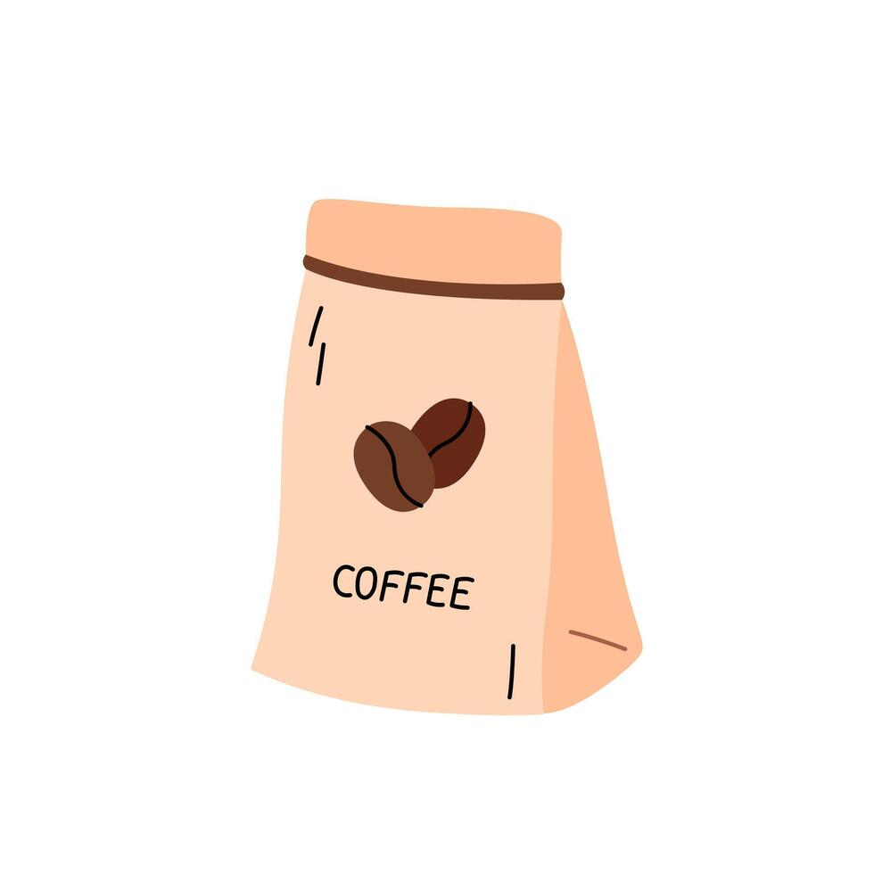 Coffee packaging doodle vector illustration. Pouch product with roasted coffee beans. Cute doodle cartoon design element. Simple hand drawn object