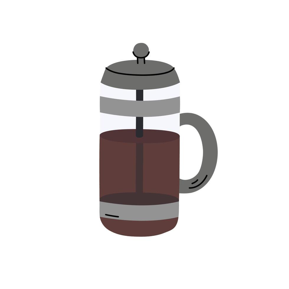 French press coffee maker doodle vector illustration. Cute hand drawn element. Making morning coffee with french press tool, equipment